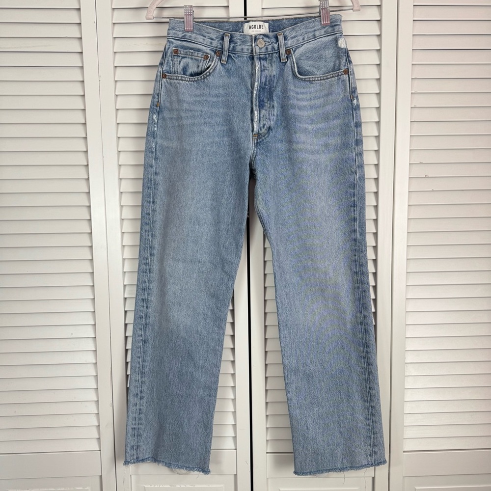 AGOLDE Lana Straight Leg Ankle Raw Hem Blue Jean Distressed Edges Size 25 - Picture 2 of 12